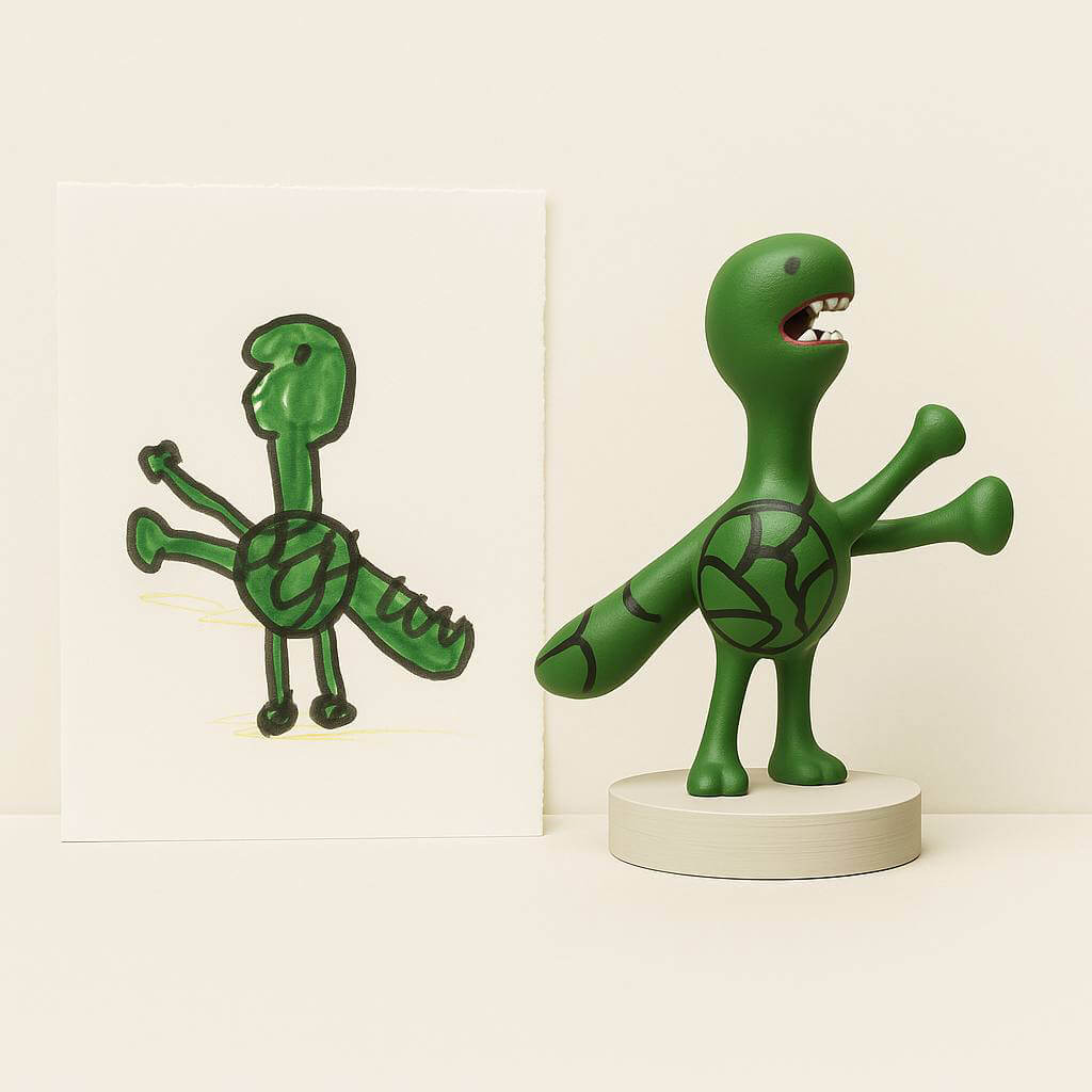 Whimsical green dinosaur-like creature figurine with spiral shell patterns, created by OstanesKids based on a bold black-marker drawing—pure joy for imaginative little artists.