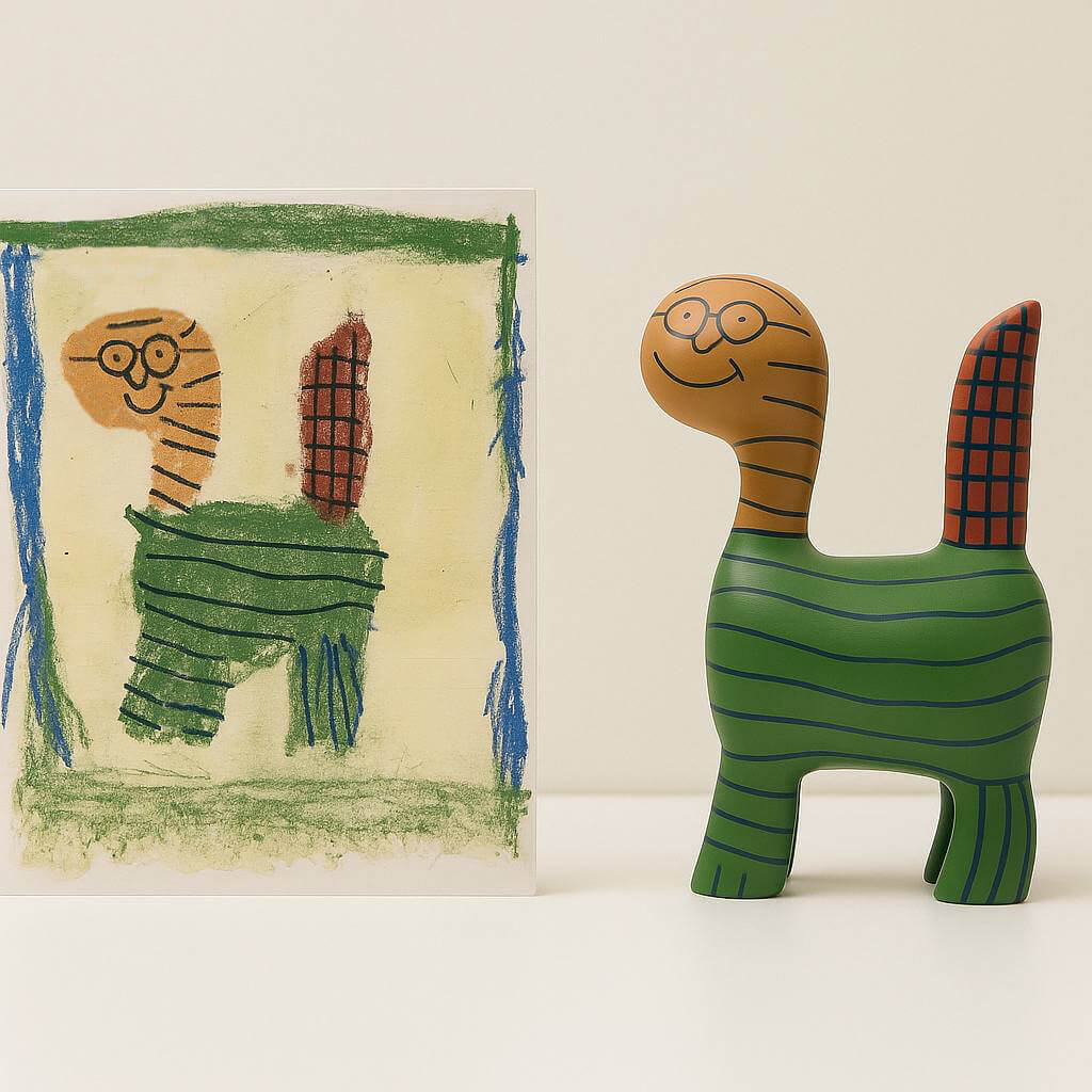 A unique green-striped animal with glasses, faithfully sculpted from a child’s crayon drawing. This OstanesKids figurine captures every playful detail, ideal for imaginative young minds.