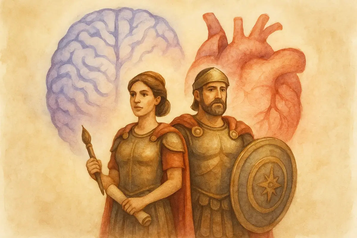 Watercolor illustration of two parents dressed as Roman guardians, standing side by side in front of a large brain and heart symbol. The mother holds a paintbrush and scroll, while the father carries a shield with a star emblem. The brain and heart behind them represent imagination, blending intellect and emotion.