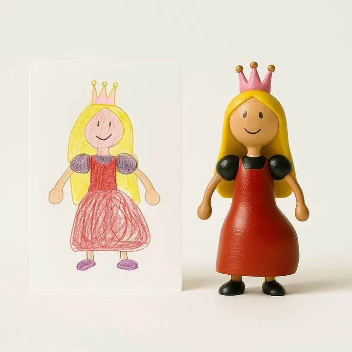 OstanesKids princess figurine custom-made from child’s drawing with red dress and crown.