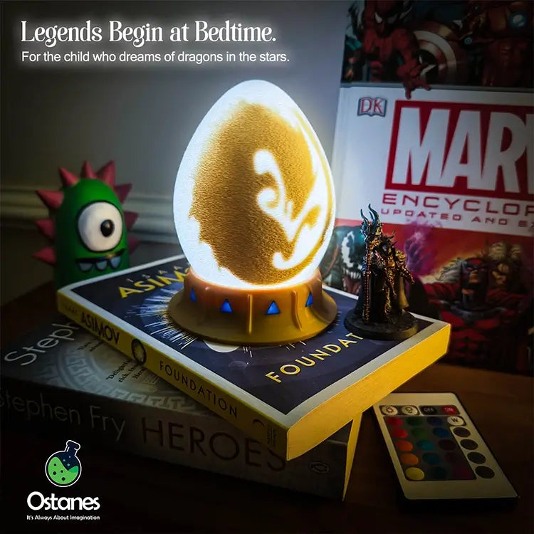OstanesKids dragon egg nightlight-silver stand for kids bedroom bookshelf decor
