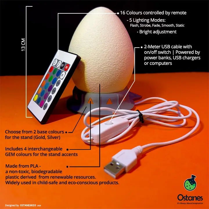 OstanesKids egg nightlight with USB cable, remote control, and interchangeable color stand, shown with product features.
