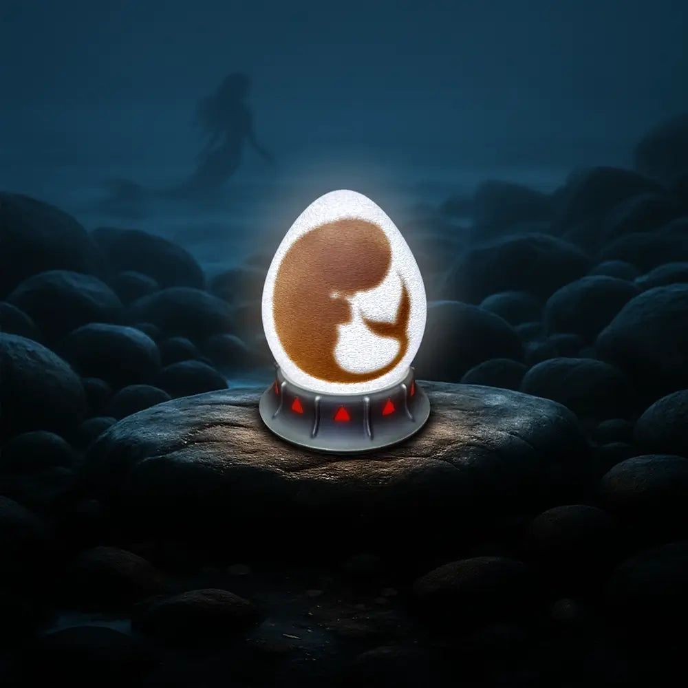 OstanesKids mermaid egg nightlight glowing on a rocky shore, with red gem base and a distant silhouette of a mermaid.