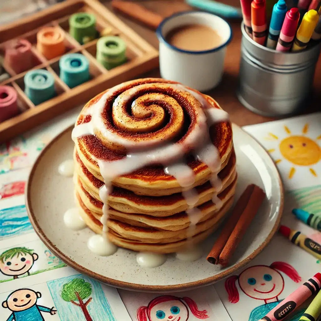 Ostanes-style cinnamon roll pancakes swirled with sugary magic, topped with creamy glaze, ready to bring joy to kids and parents, a perfect breakfast moment by Ostanes Kids.