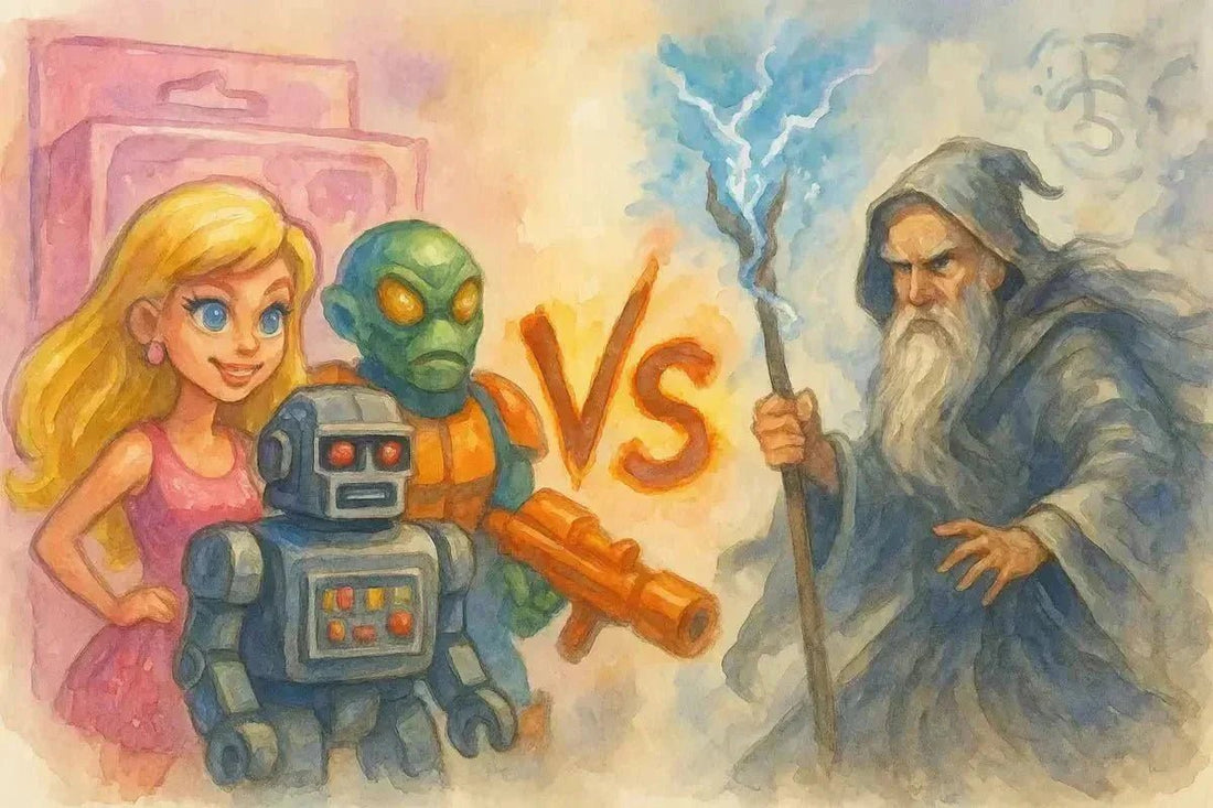 Watercolor illustration of a magical showdown between Ostanes, an old wizard wielding a glowing staff, and a group of toy characters including a Barbie doll, a robot, and an alien action figure. The characters stand face-to-face.