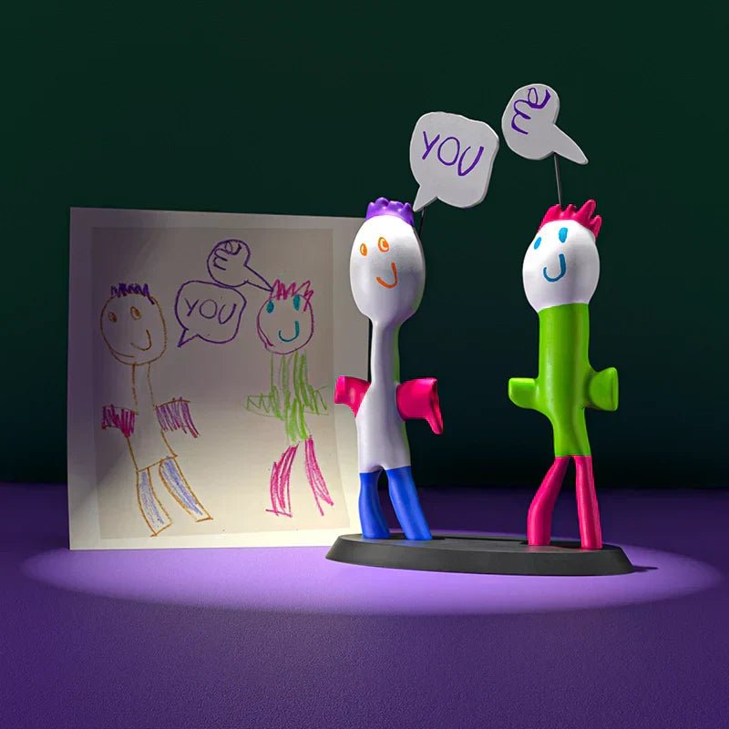 Custom figurines Of two character as a partner with Text Bubble writes You and Me by Ostaneskids recreated from a  drawing