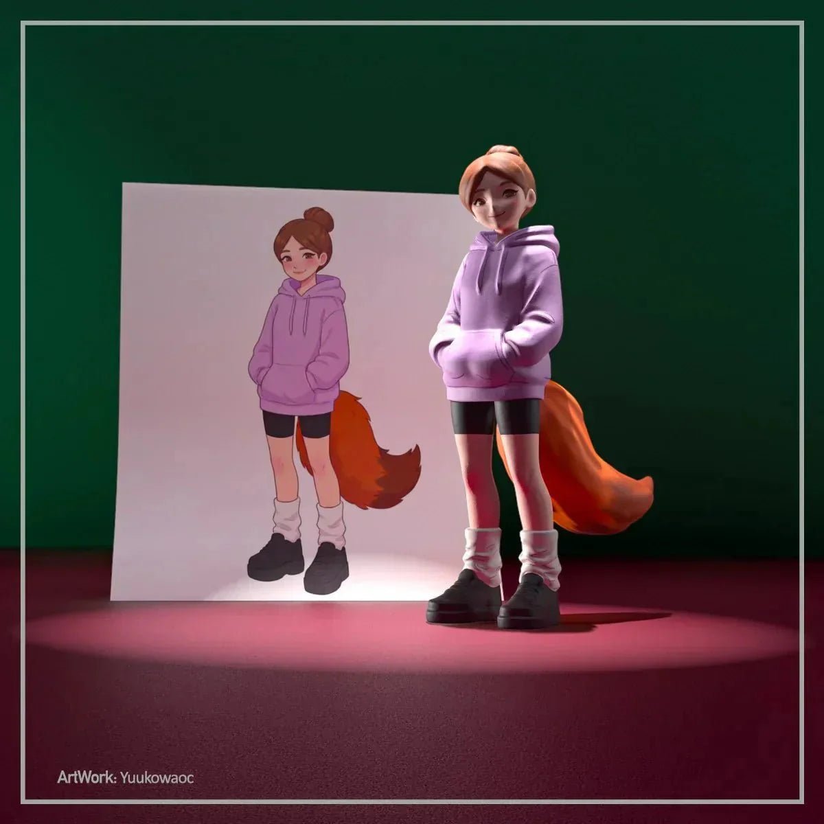 Custom fox girl OC figurine by Ostaneskids displayed beside the original character drawing