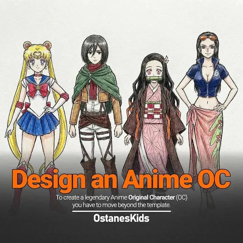 Ilustrated anime character lineup with the text Design an Anime OC, representing original character inspiration on OstanesKids