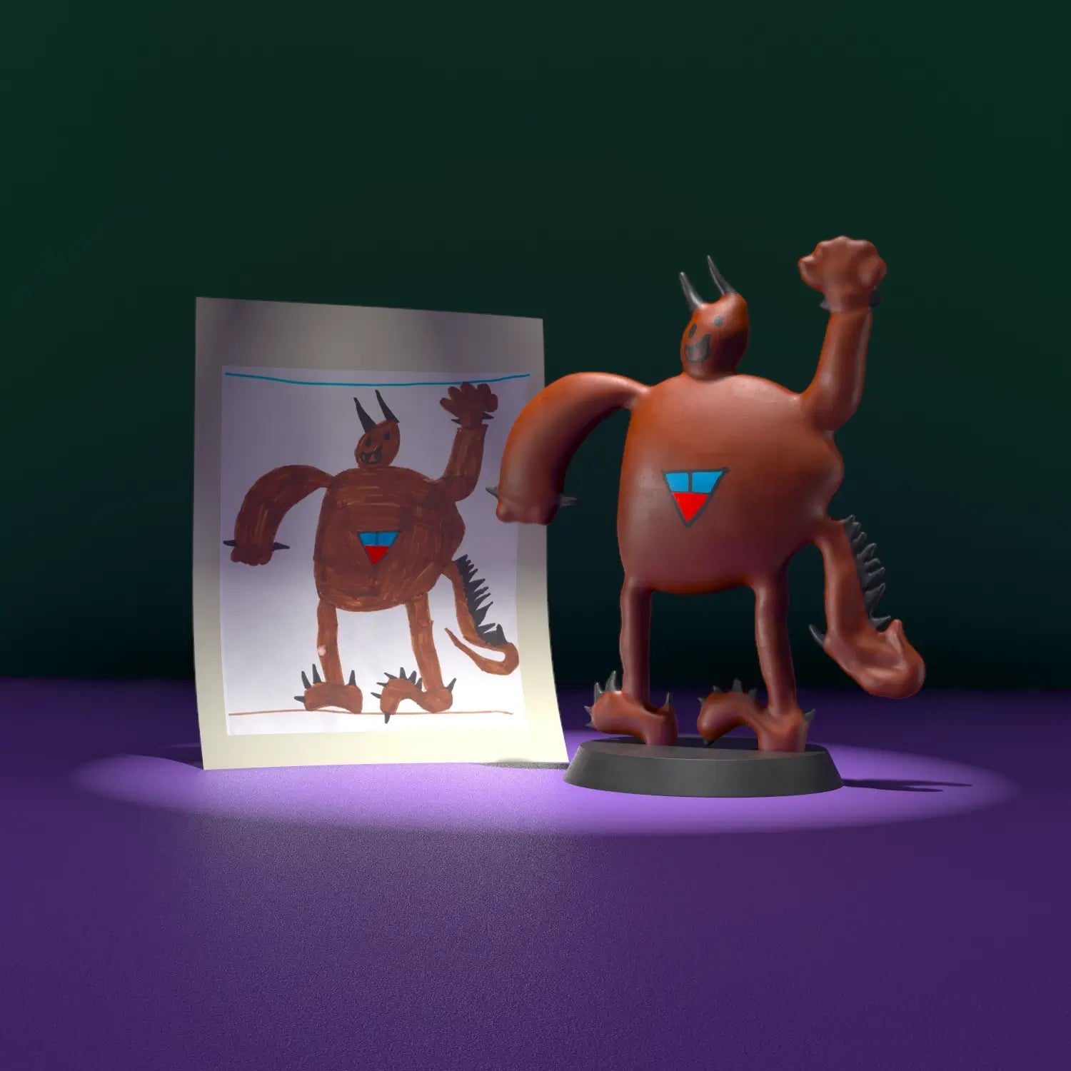 Brown cartoon-like figure with blue accents next to a hand-drawn illustration of the same figure on a purple surface.