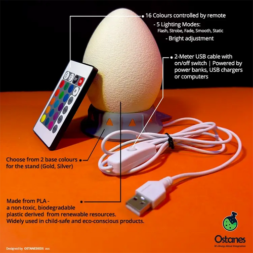 OstanesKids egg nightlight with USB cable, remote control, and interchangeable color stand, shown with product features.