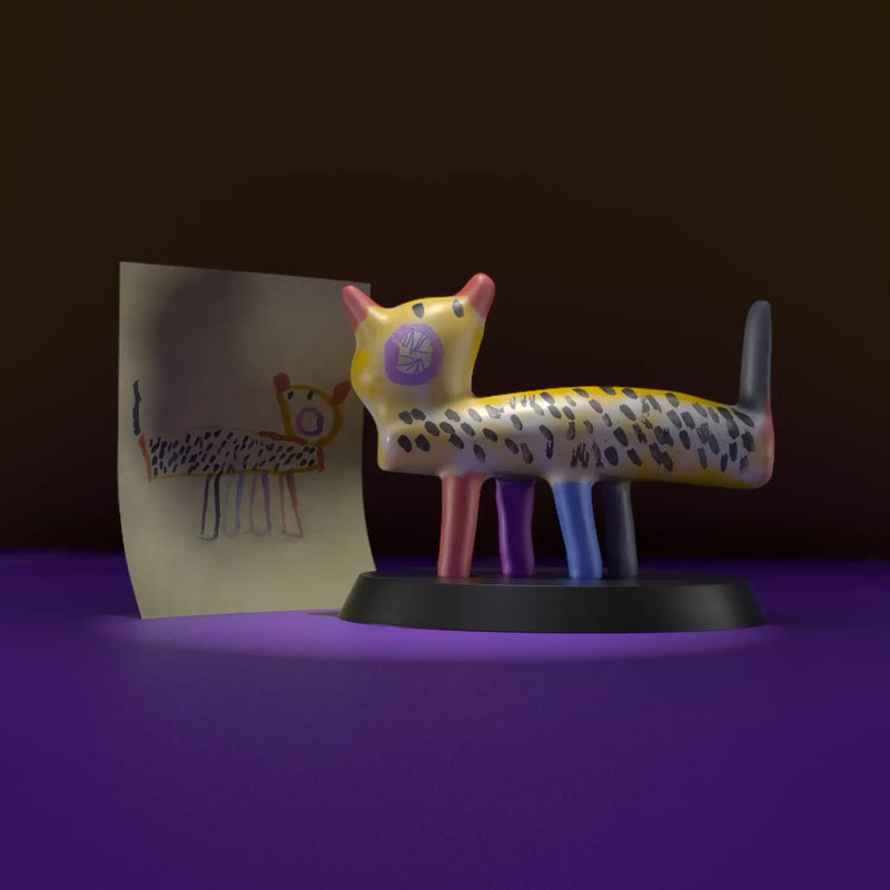 Handcrafted figurine of a colourful leopard based on a kid’s drawing, featuring multicoloured legs and black spots.