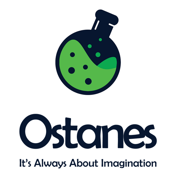 Ostanes logo featuring a green potion bottle icon symbolizing creativity and transformation, paired with the brand name ‘Ostanes’ in a playful, bold font, and the tagline ‘It’s Always About Imagination’ beneath it.