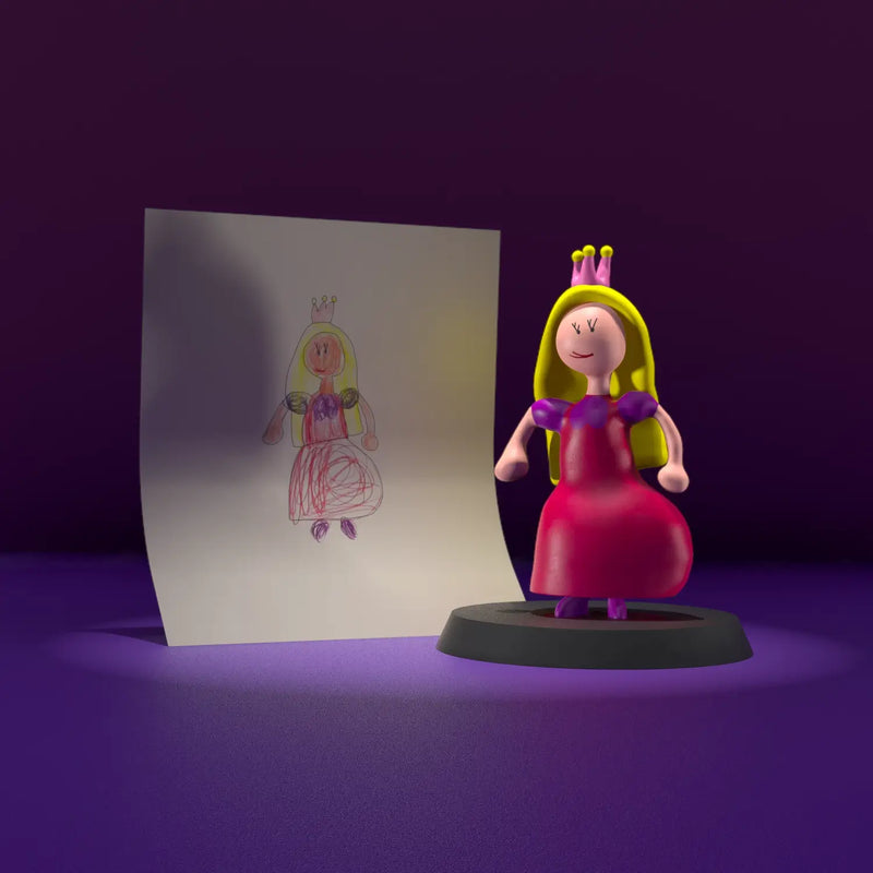 Custom figurine of a princess designed from a child’s drawing, wearing a crown and red dress, next to the original Drawing.