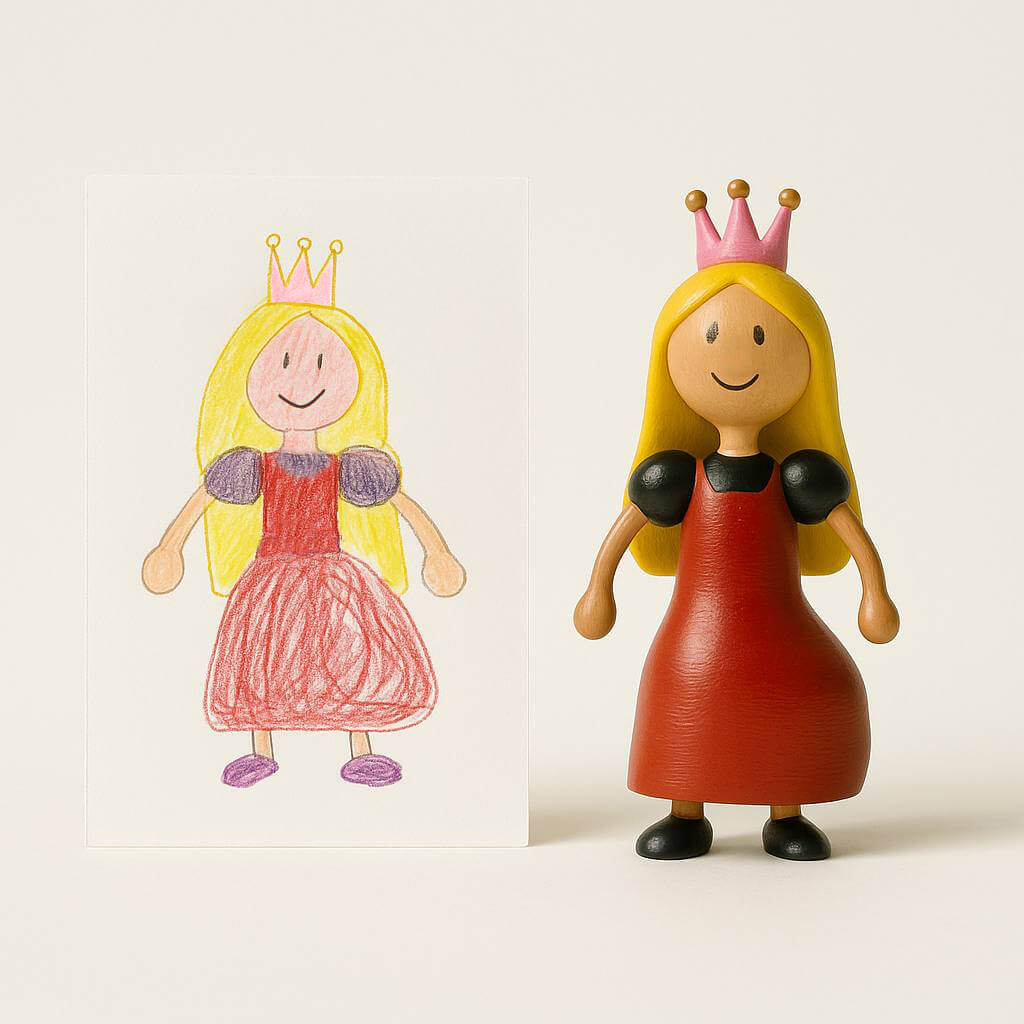 Side-by-side view of a child’s drawing of a princess in a red dress and pink crown, transformed into a handcrafted OstanesKids figurine, an enchanting gift for creative kids.
