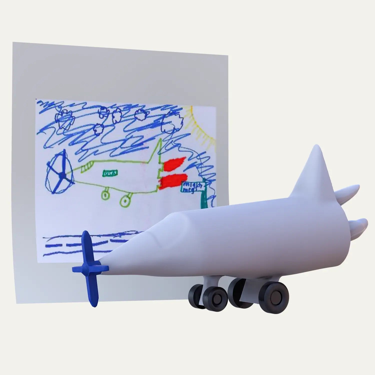 A hand-drawn airplane flying across a sky filled with clouds is turned into a smooth 3D unpainted figurine, ideal for memory preservation with sound.