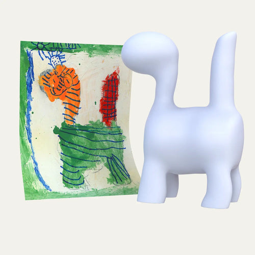 A magical zebra drawing full of colour and whimsy stands beside its custom 3D figurine version, transformed into a gift with a voice message inside.