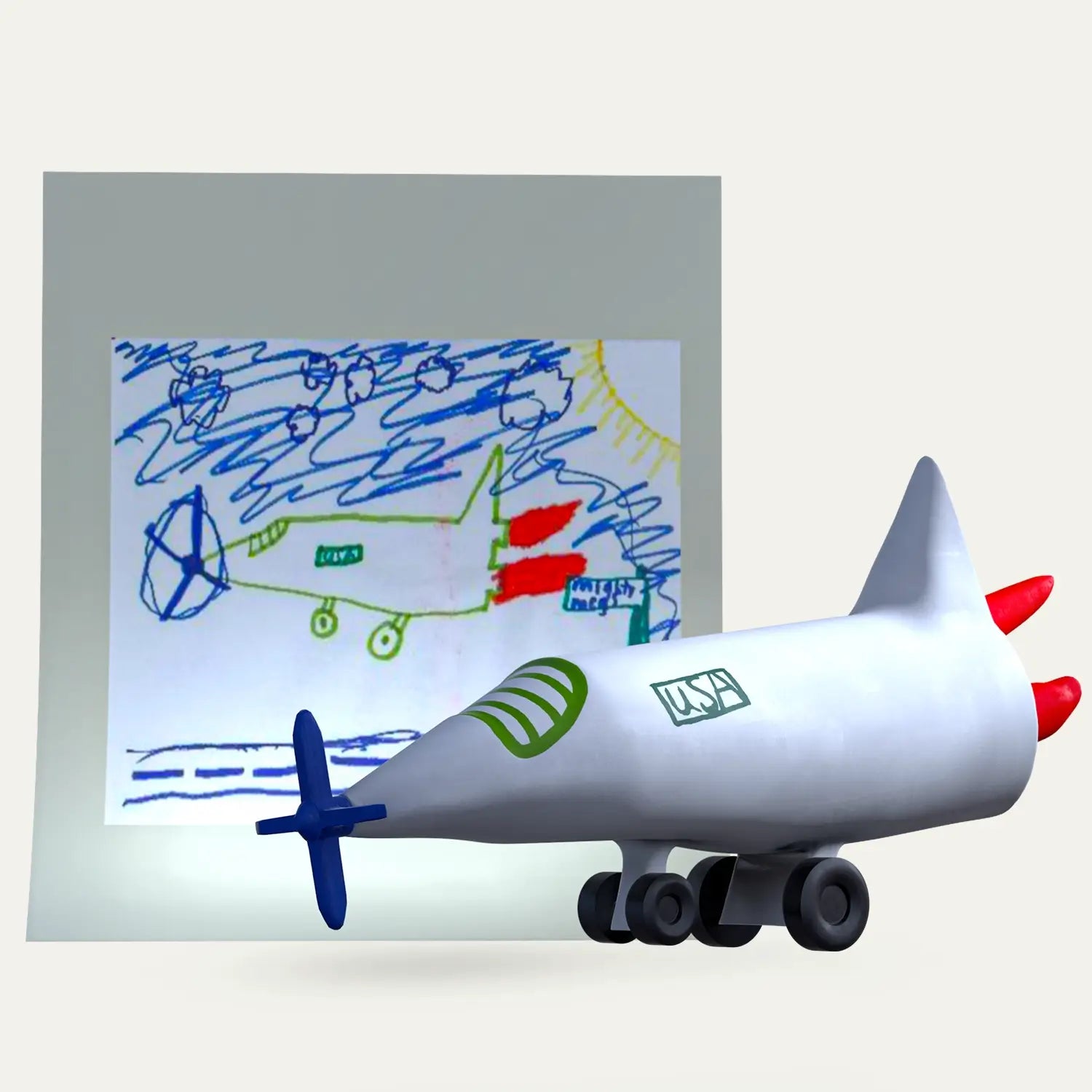 A colourful drawing of a futuristic airplane takes shape as a handcrafted figurine, presented next to the original art as a one-of-a-kind keepsake with embedded audio.
