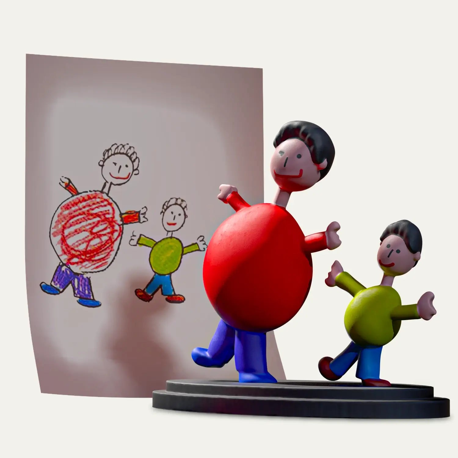 A crayon drawing of a father and son duo is brought to life in a custom figurine, standing as a touching keepsake gift with a built-in audio message.