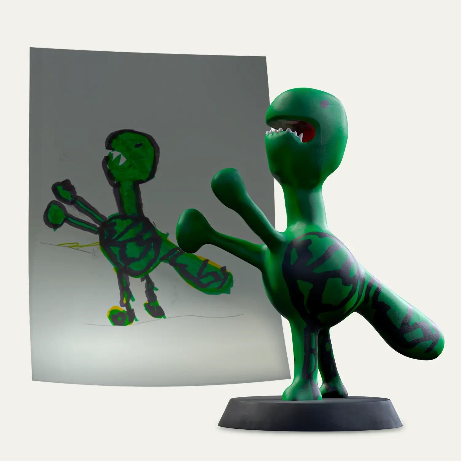 A ferocious green creature drawn in crayon becomes a fierce figurine, capturing the child’s imagination in a personalised keepsake with audio.