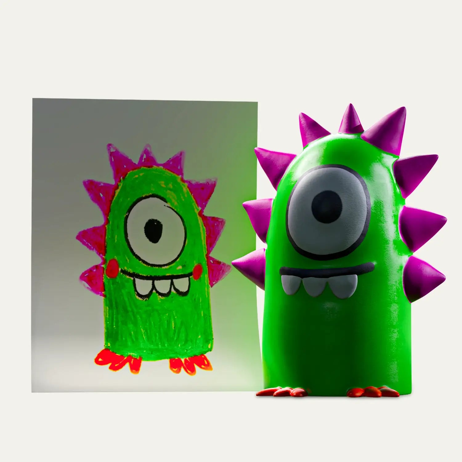 A friendly green monster with a single eye and purple spikes is recreated from a child's drawing into a custom figurine, a perfect keepsake with an audio message