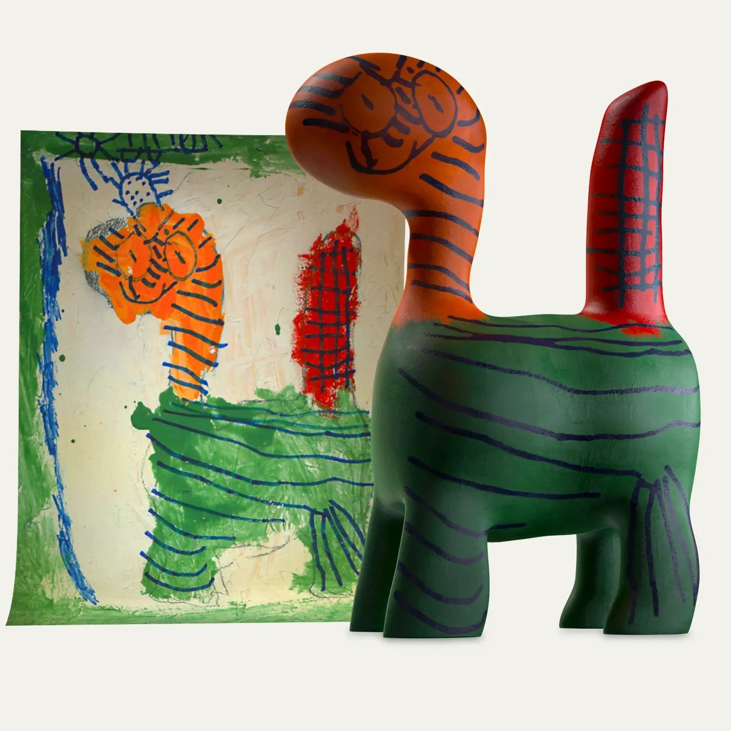 A magical zebra drawing full of colour and whimsy stands beside its custom 3D figurine version, transformed into a gift with a voice message inside.