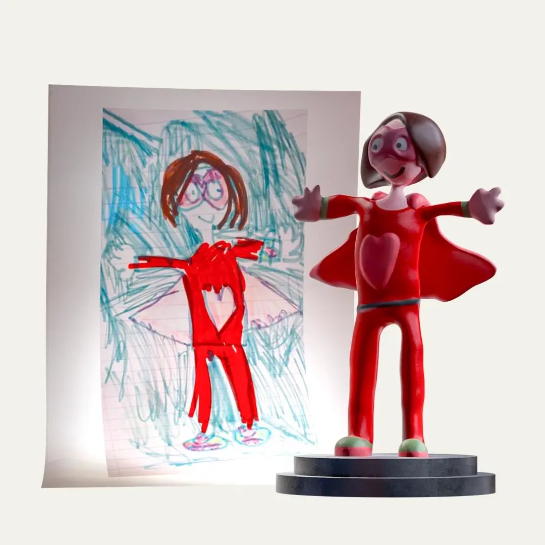 A red superhero drawing of a mum is reimagined into a 3D figurine, creating a heartfelt custom keepsake with a built-in voice message.