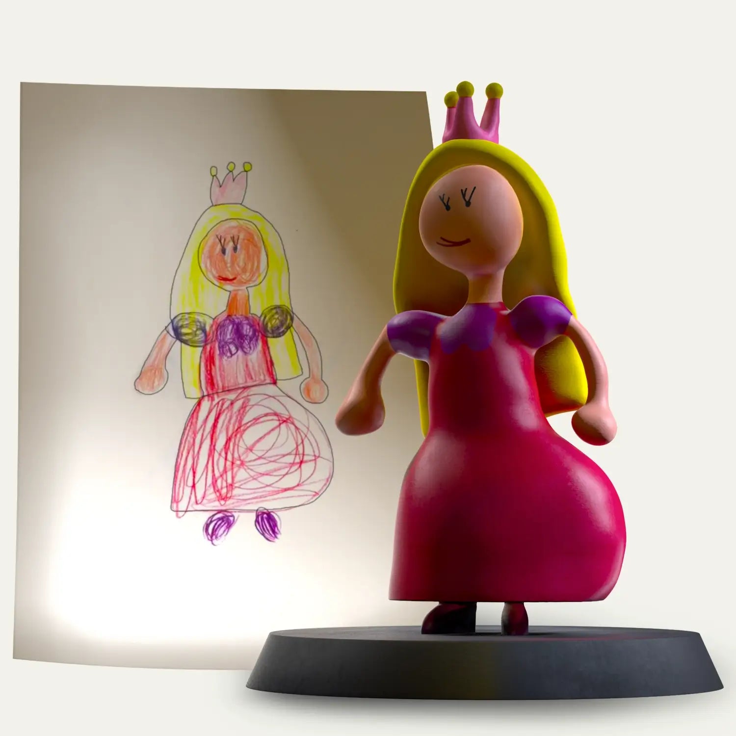A colourful crayon drawing of a princess with a crown stands beside the handcrafted 3D figurine it inspired, making a personalised keepsake gift with an embedded audio message.