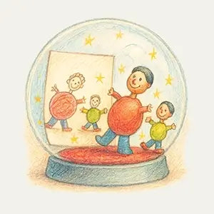Illustration of snowglobe icon showcasing a child’s crayon drawing beside a handcrafted figurine it inspired, symbolising the true likeness and emotional accuracy of custom-made gifts.