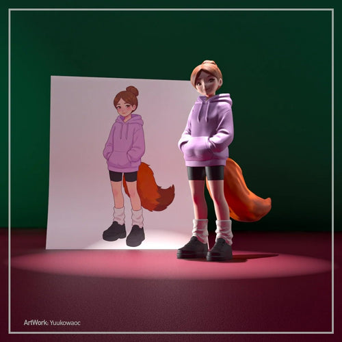 Custom fox girl OC figurine by Ostaneskids displayed beside the original character drawing