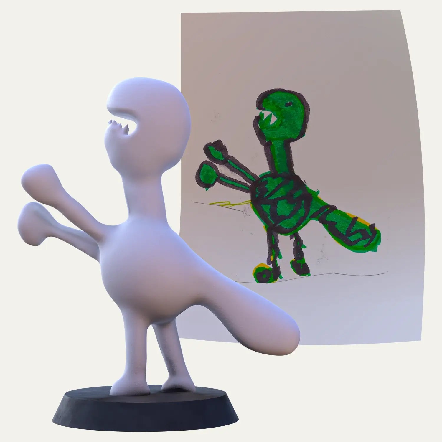 A vibrant child’s drawing of a green monster with sharp limbs is faithfully recreated in a 3D unpainted figurine, preserving childhood wonder and memory.