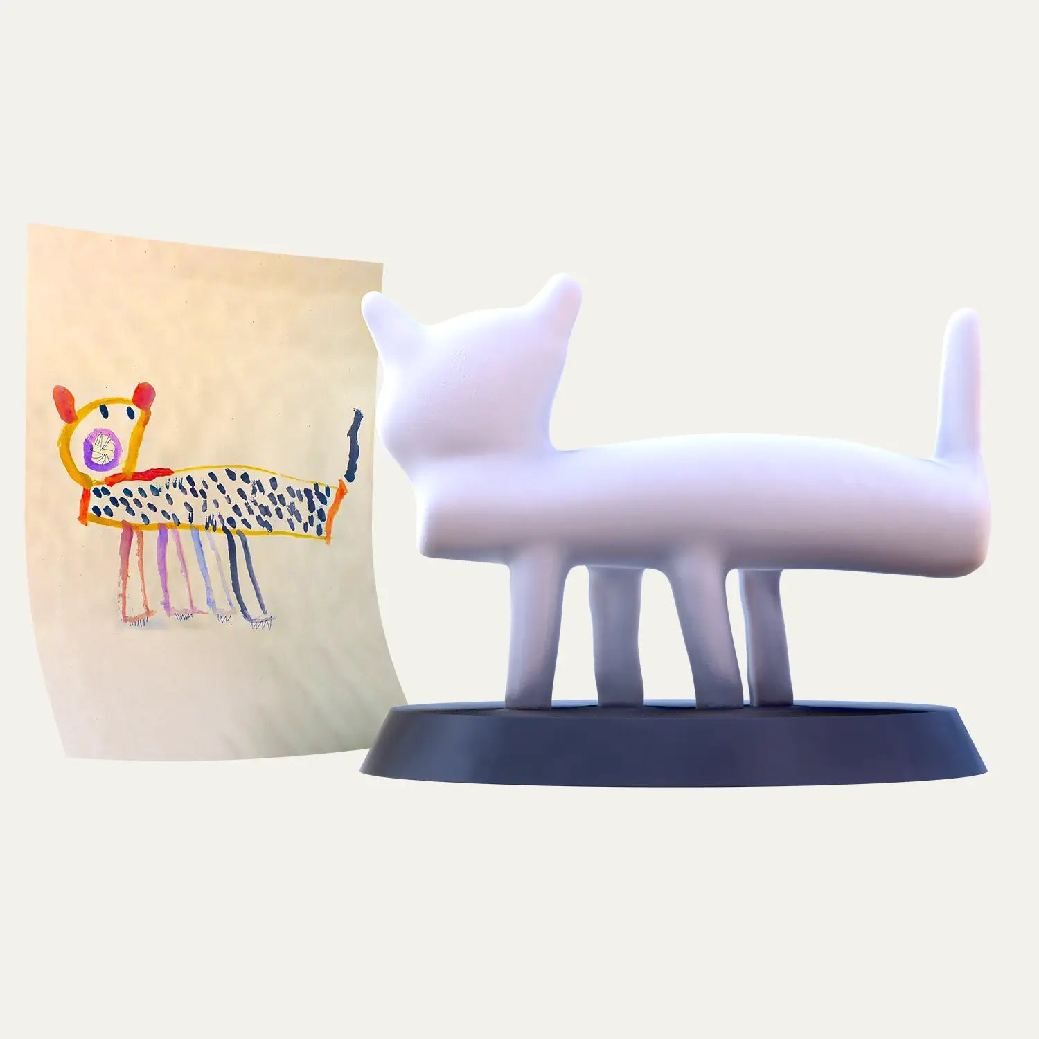 A colourful child’s drawing of a spotted leopard with bright ears is recreated in a 3D unpainted figurine, capturing the imagination as a keepsake gift.