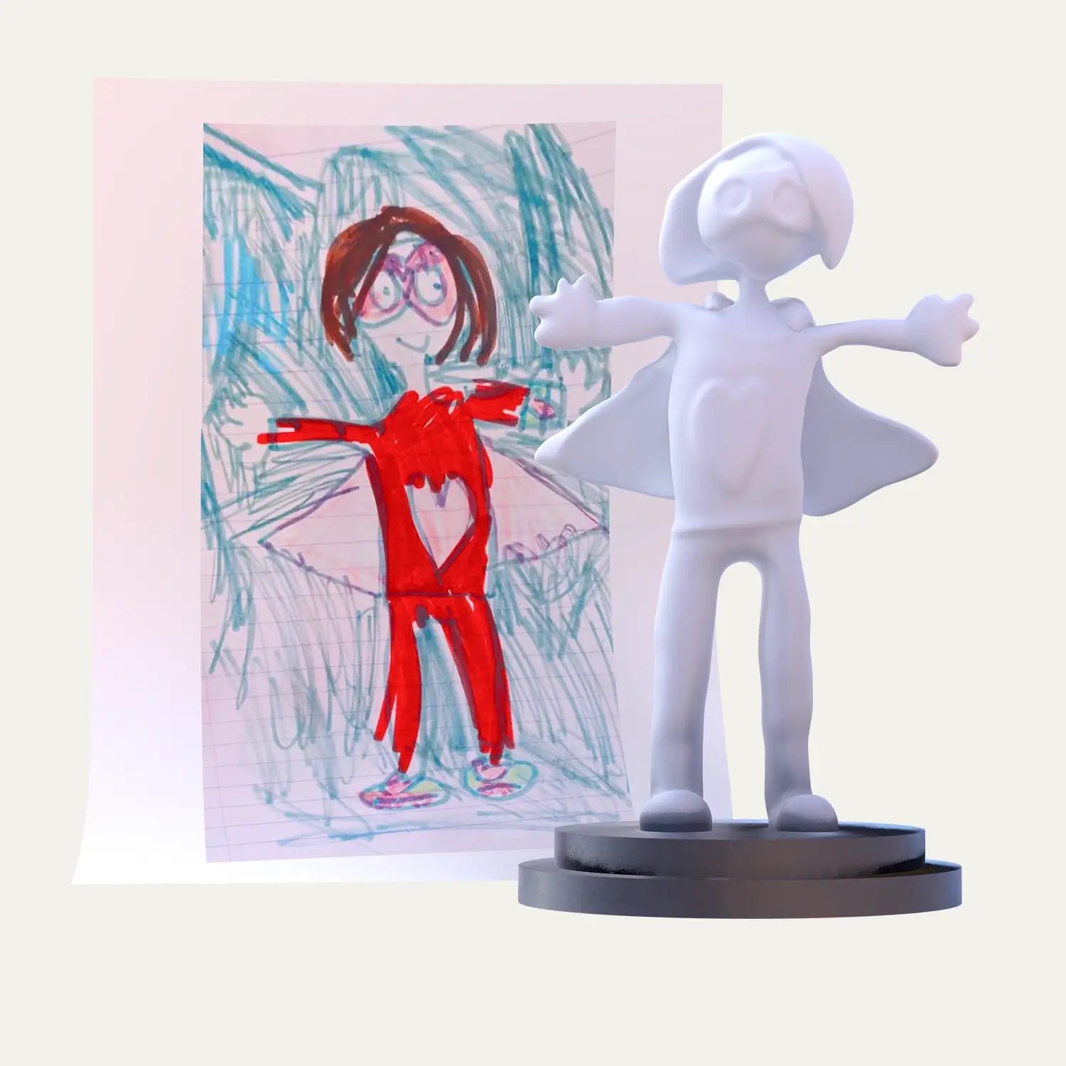 A bold red superhero mum from a child’s drawing is brought to life in a 3D unpainted figurine, standing with arms wide to preserve love and voice.