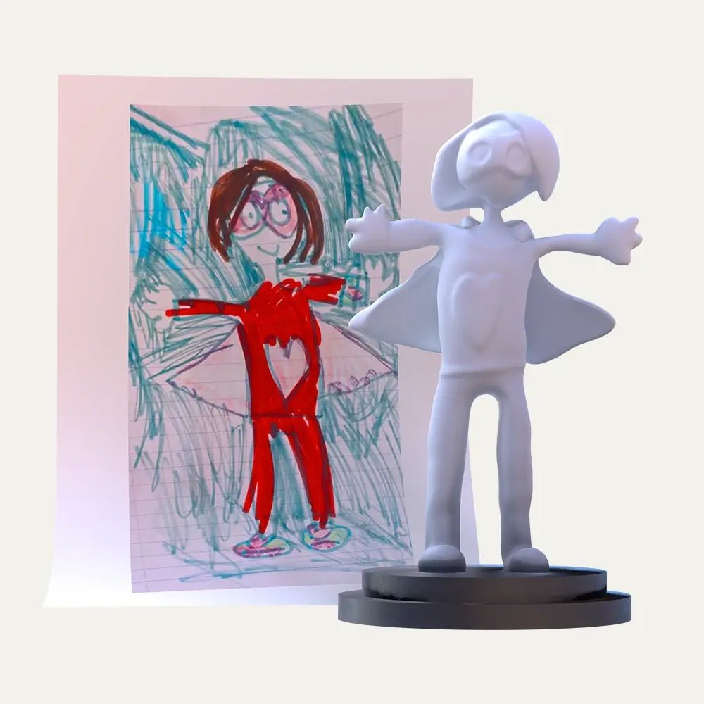 A bold red superhero mum from a child’s drawing is brought to life in a 3D unpainted figurine, standing with arms wide to preserve love and voice.
