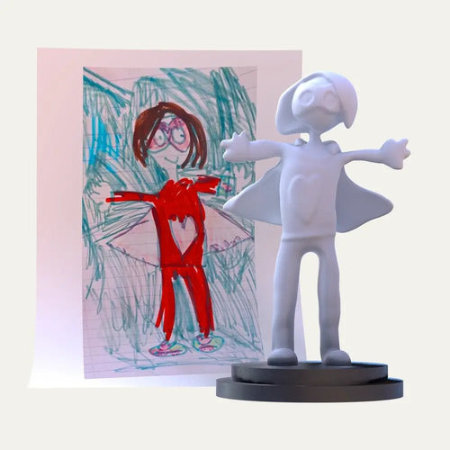 A bold red superhero mum from a child’s drawing is brought to life in a 3D unpainted figurine, standing with arms wide to preserve love and voice.