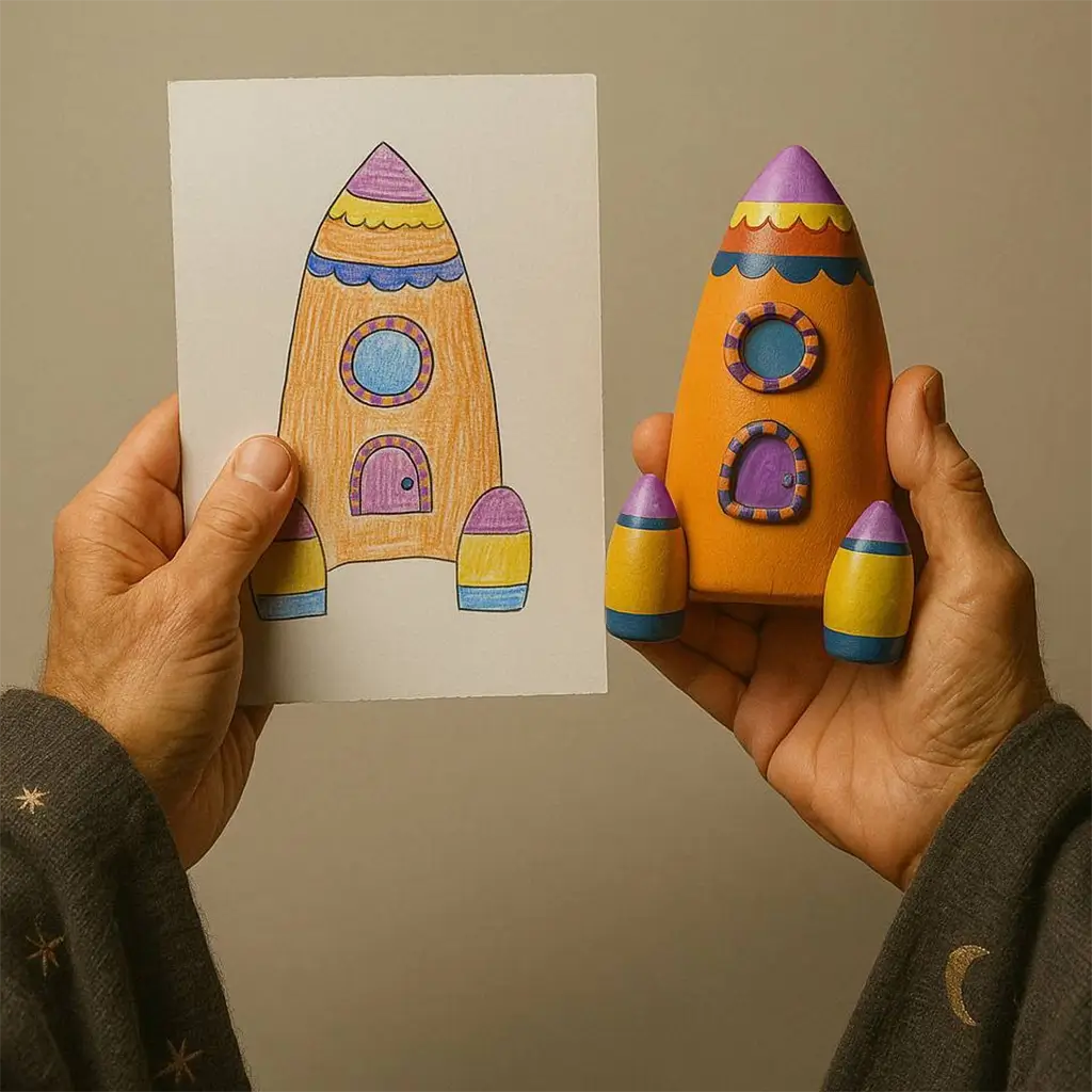 OstanesKids custom rocket figurine from children’s drawing held by wizard hands.