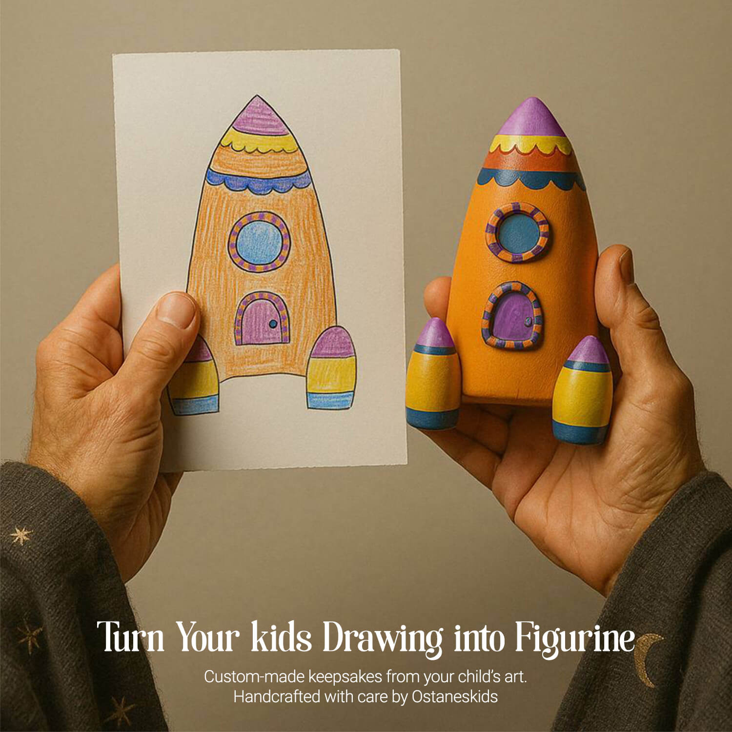 A colorful rocket figurine and its original drawing, held by an adult wearing a robe, with icons below promoting product features like eco-friendliness and durability.