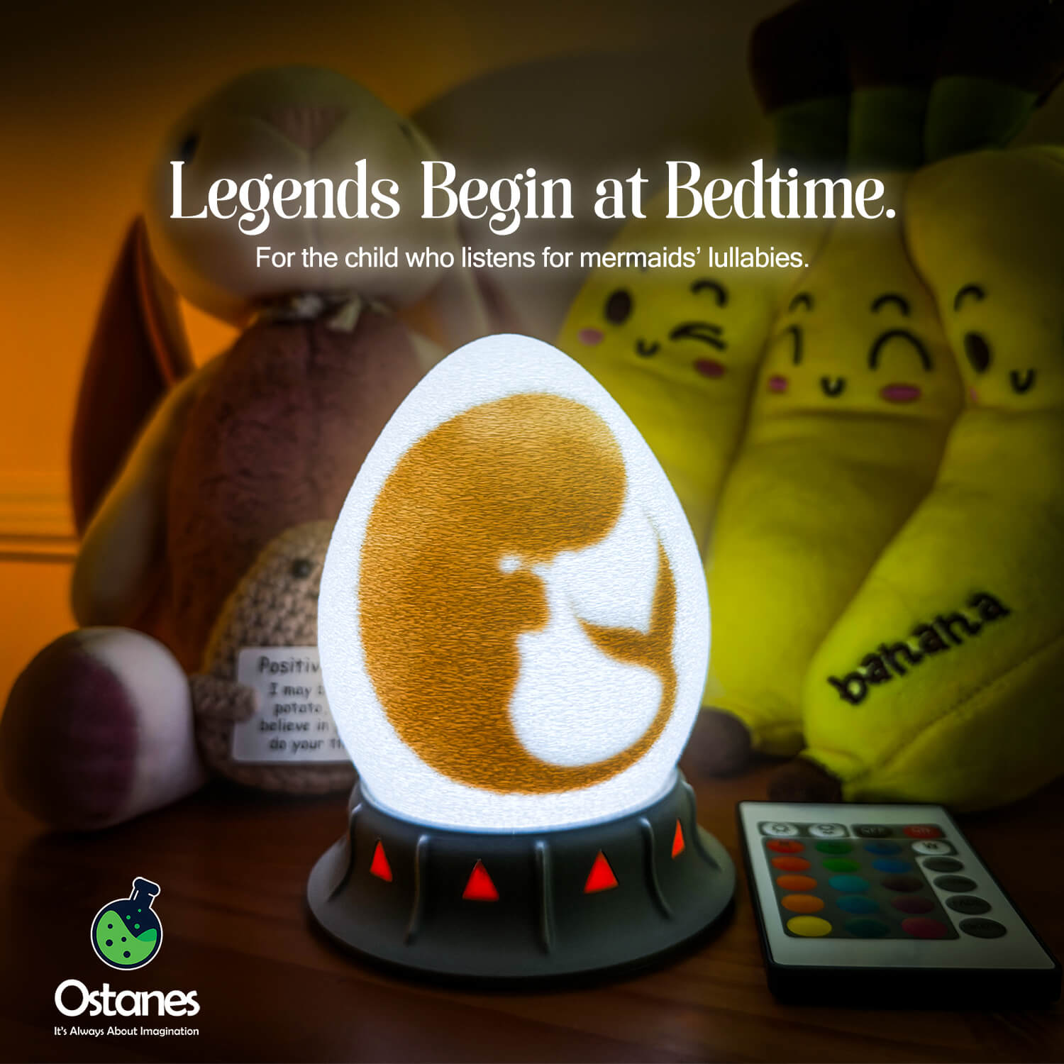 Mermaid egg in kids’ room with plushies and remote glowing in multi-colour on nightstand – a bedtime companion gift for children.