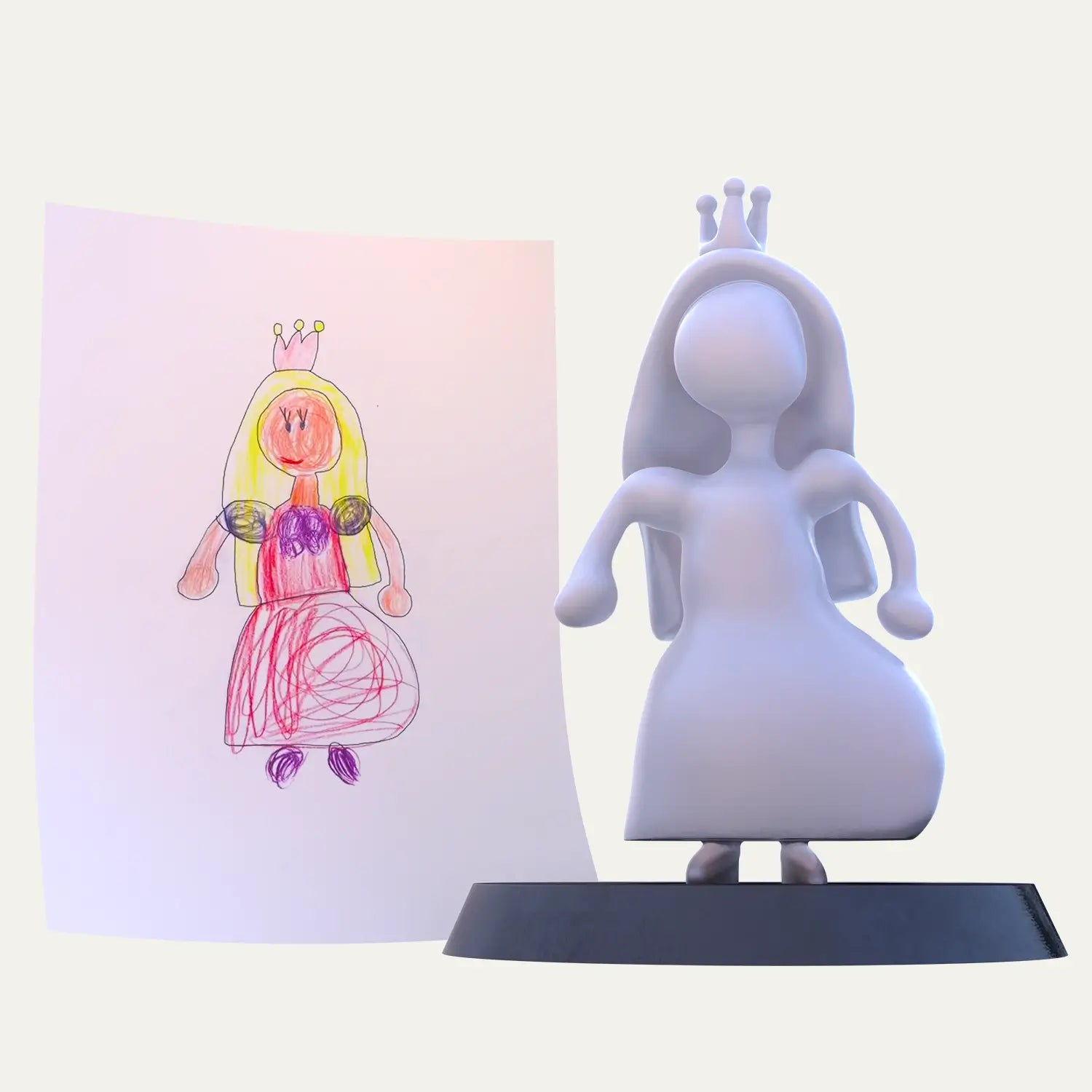 A joyful princess drawing in a pink dress and crown sits next to its detailed 3D unpainted figurine, ready to become a voice-embedded keepsake.