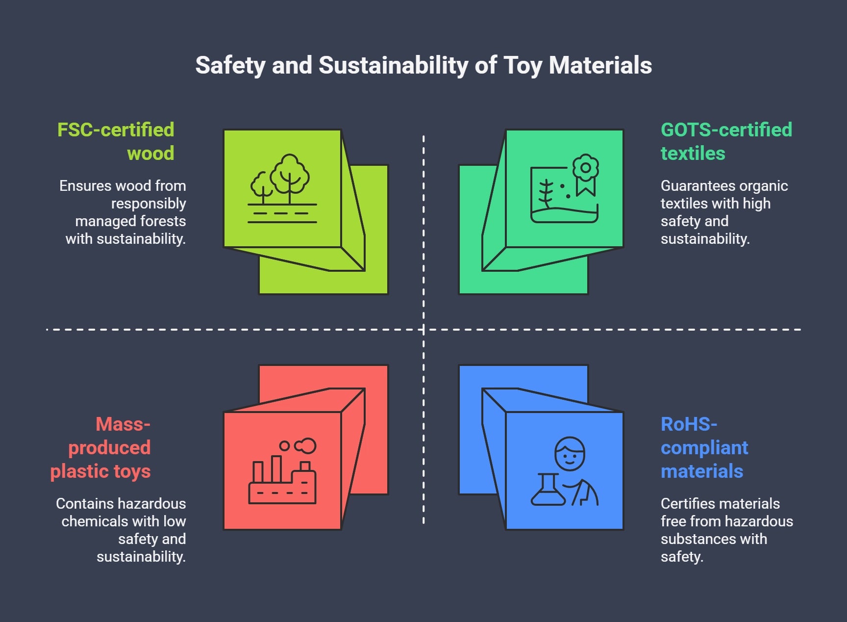 Infographic comparing toy material certifications: FSC-certified wood and GOTS-certified textiles (safe and sustainable) versus mass-produced plastic toys and RoHS-compliant materials, highlighting the importance of non-toxic, eco-friendly materials in toy production.